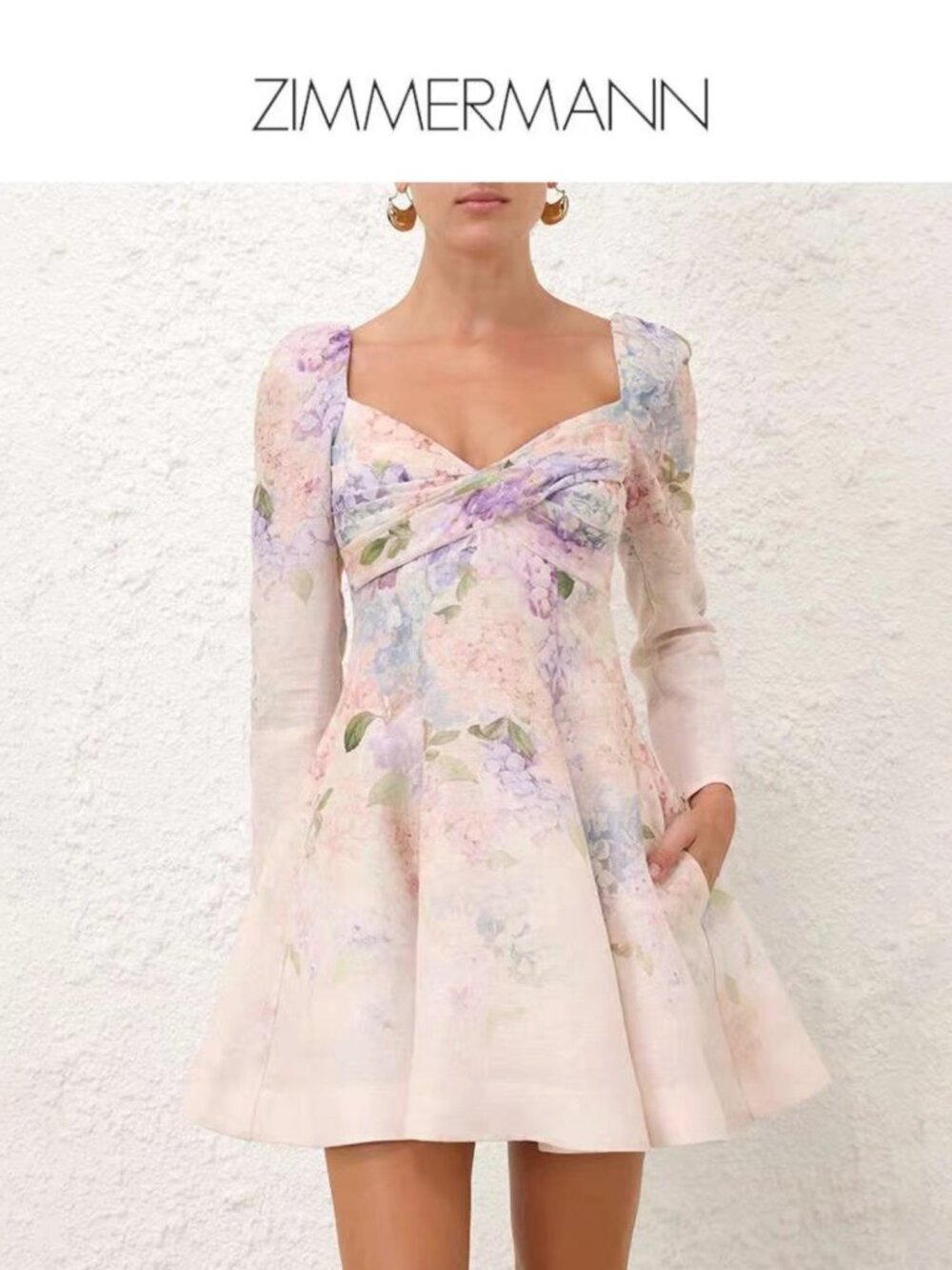 Zimmermann Hydrangea Floral Linen Long Sleeve Mini Dress Size 2